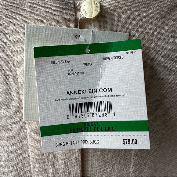 Anne Klein Top Blouse Shirt Career Linen Blended Solid Navy Blue Size L Large - Picture 8 of 12